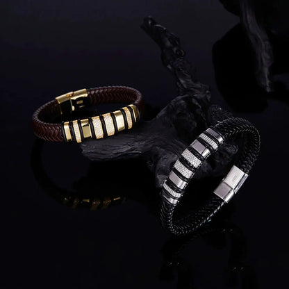 Luxury Cuban Bracelet - 8mm Leather  18k Gold Plated Sterling Silver with Lab-Grown Zircon Diamond for Men - ZOOMNSTORE