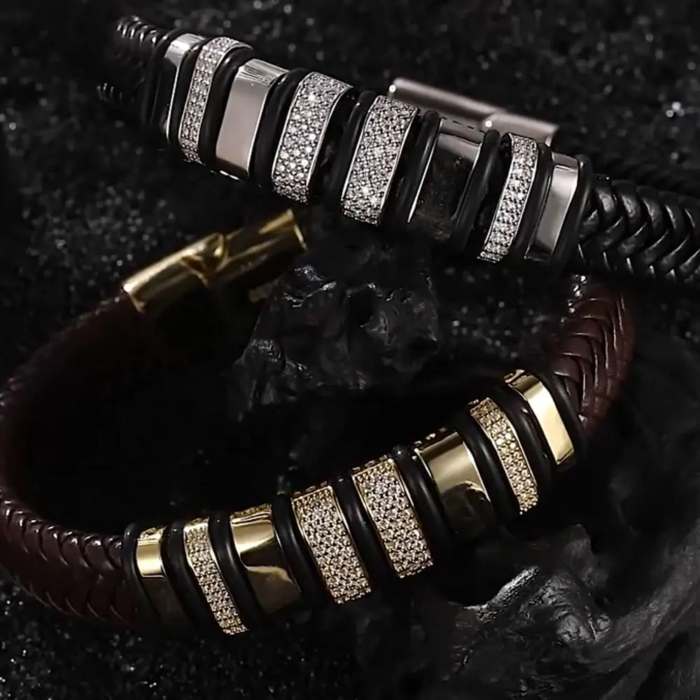 Luxury Cuban Bracelet - 8mm Leather  18k Gold Plated Sterling Silver with Lab-Grown Zircon Diamond for Men - ZOOMNSTORE