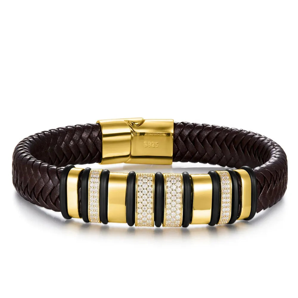 Luxury Cuban Bracelet - 8mm Leather  18k Gold Plated Sterling Silver with Lab-Grown Zircon Diamond for Men - ZOOMNSTORE