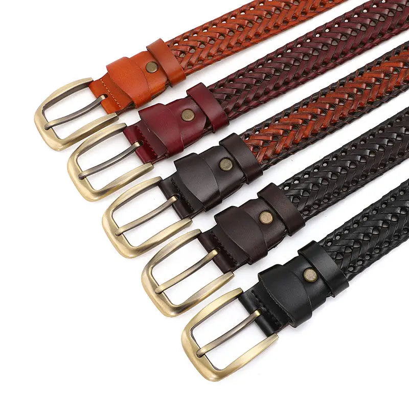 Leather Braided Belt - Men's Casual Vintage Cowhide Strap with Gold Pin Buckle - ZOOMNSTORE