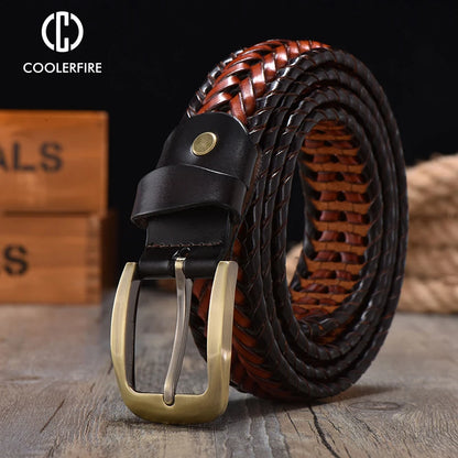 Leather Braided Belt - Men's Casual Vintage Cowhide Strap with Gold Pin Buckle - ZOOMNSTORE