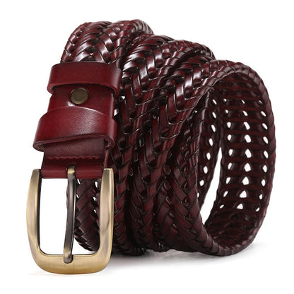 Leather Braided Belt - Men's Casual Vintage Cowhide Strap with Gold Pin Buckle - ZOOMNSTORE