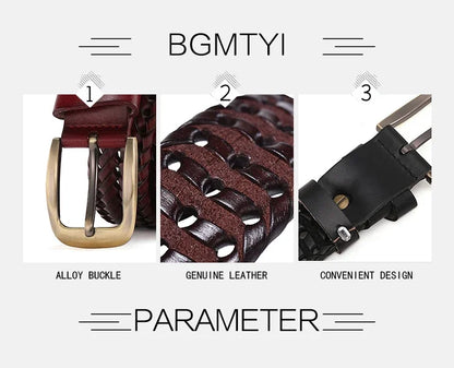 Leather Braided Belt - Men's Casual Vintage Cowhide Strap with Gold Pin Buckle - ZOOMNSTORE