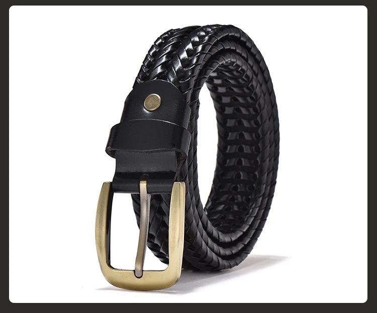 Leather Braided Belt - Men's Casual Vintage Cowhide Strap with Gold Pin Buckle - ZOOMNSTORE