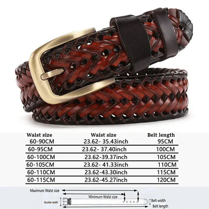 Leather Braided Belt - Men's Casual Vintage Cowhide Strap with Gold Pin Buckle - ZOOMNSTORE
