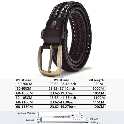 Leather Braided Belt - Men's Casual Vintage Cowhide Strap with Gold Pin Buckle - ZOOMNSTORE