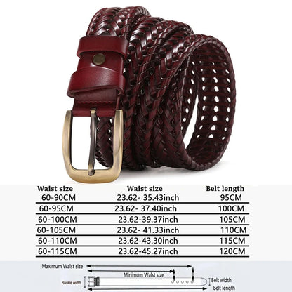 Leather Braided Belt - Men's Casual Vintage Cowhide Strap with Gold Pin Buckle - ZOOMNSTORE