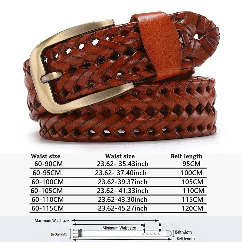 Leather Braided Belt - Men's Casual Vintage Cowhide Strap with Gold Pin Buckle - ZOOMNSTORE
