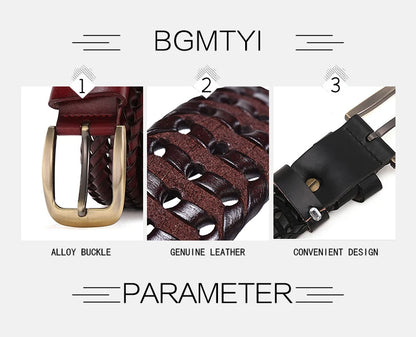 Leather Braided Belts - Men's Casual Vintage Belt with Gold Pin Buckle - ZOOMNSTORE