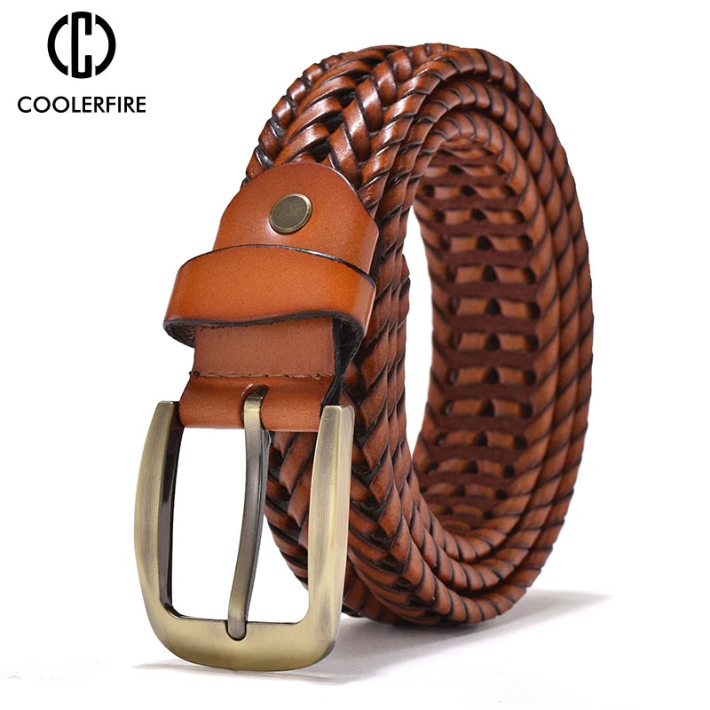 Genuine Leather Braided Belt for Men - Vintage High-Quality Casual Jeans Strap with Gold Pin Buckle - ZOOMNSTORE