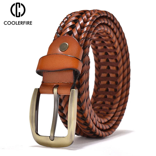 Genuine Leather Braided Belt for Men - Vintage High-Quality Casual Jeans Strap with Gold Pin Buckle - ZOOMNSTORE