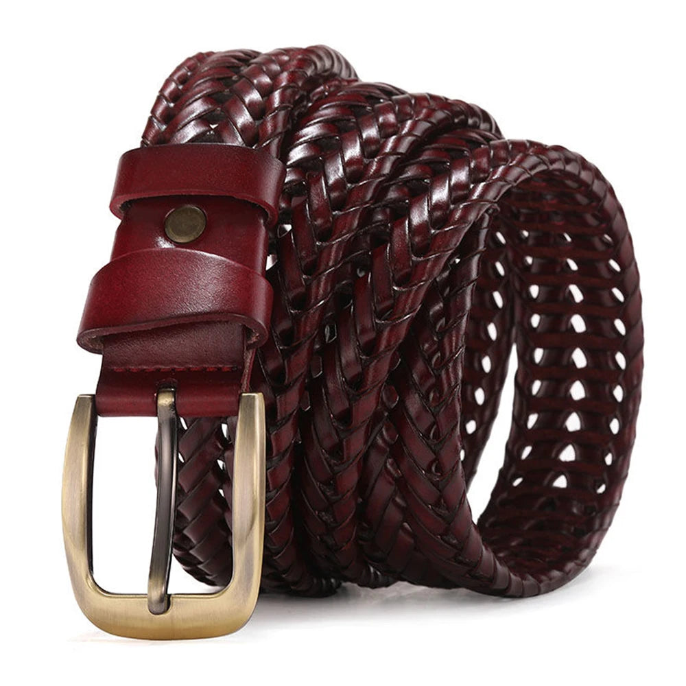 Genuine Leather Braided Belt for Men - Vintage High-Quality Casual Jeans Strap with Gold Pin Buckle - ZOOMNSTORE
