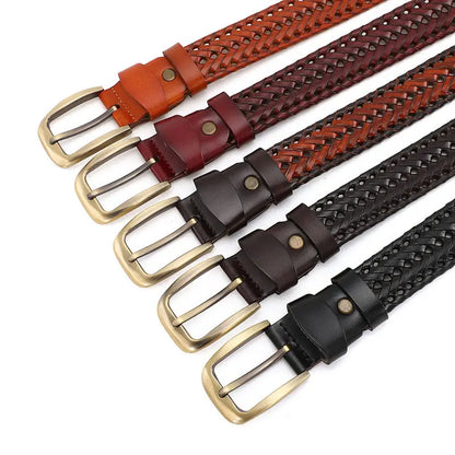 Genuine Leather Braided Belt for Men - Vintage High-Quality Casual Jeans Strap with Gold Pin Buckle - ZOOMNSTORE