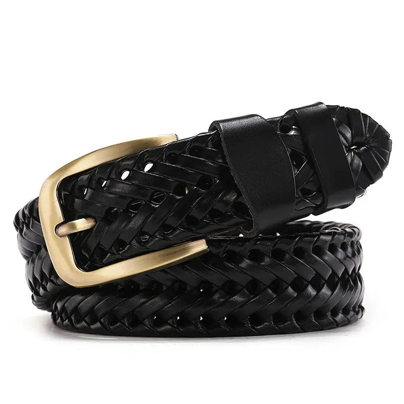 Genuine Leather Braided Belt for Men - Vintage High-Quality Casual Jeans Strap with Gold Pin Buckle - ZOOMNSTORE
