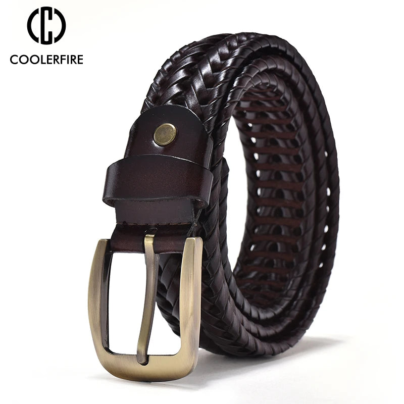 Genuine Leather Braided Belt for Men - Vintage High-Quality Casual Jeans Strap with Gold Pin Buckle - ZOOMNSTORE