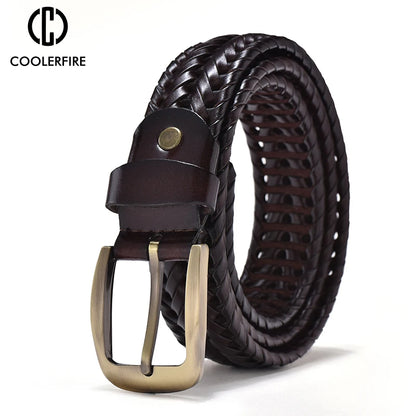 Genuine Leather Braided Belt for Men - Vintage High-Quality Casual Jeans Strap with Gold Pin Buckle - ZOOMNSTORE