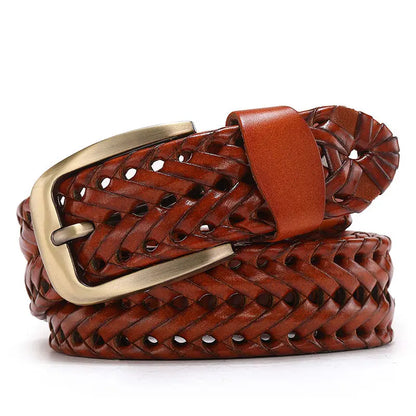 Genuine Leather Braided Belt for Men - Vintage High-Quality Casual Jeans Strap with Gold Pin Buckle - ZOOMNSTORE