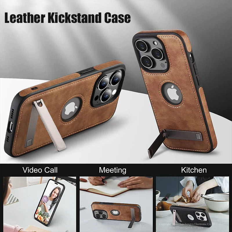 Leather Kickstand Phone Case for iPhone 11-16 - Shockproof Flexible Soft Grip Cover - ZOOMNSTORE