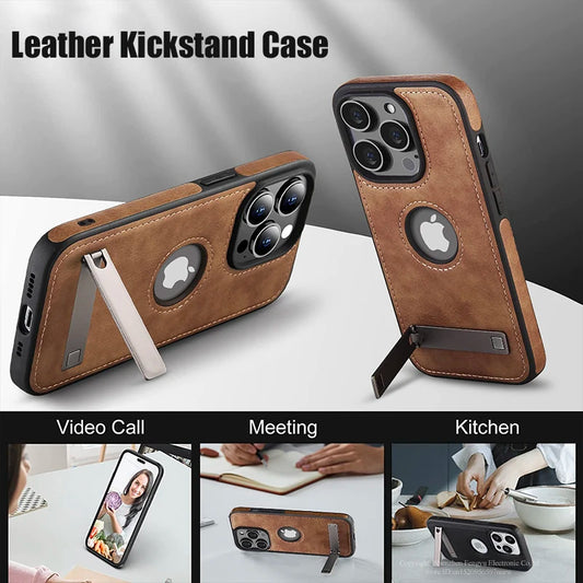Leather Kickstand Phone Case for iPhone 11-16 - Shockproof Flexible Soft Grip Cover - ZOOMNSTORE