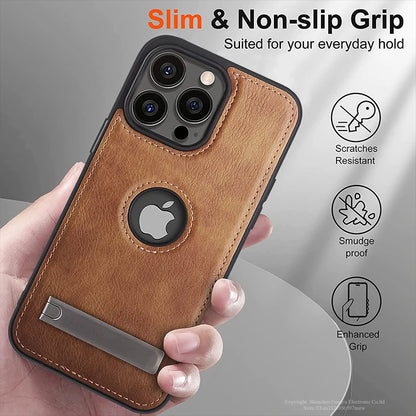Leather Kickstand Phone Case for iPhone 11-16 - Shockproof Flexible Soft Grip Cover - ZOOMNSTORE