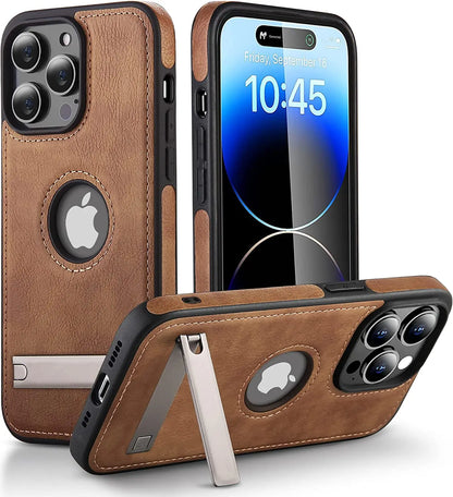 Leather Kickstand Phone Case for iPhone 11-16 - Shockproof Flexible Soft Grip Cover - ZOOMNSTORE