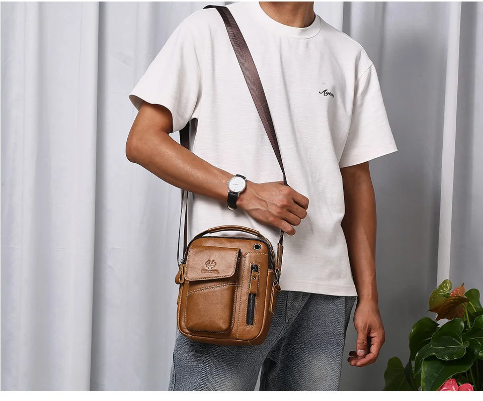 Leather Messenger Bag - Vintage Genuine Leather Men's Crossbody Sling Pack with Cell Phone Compartment - ZOOMNSTORE