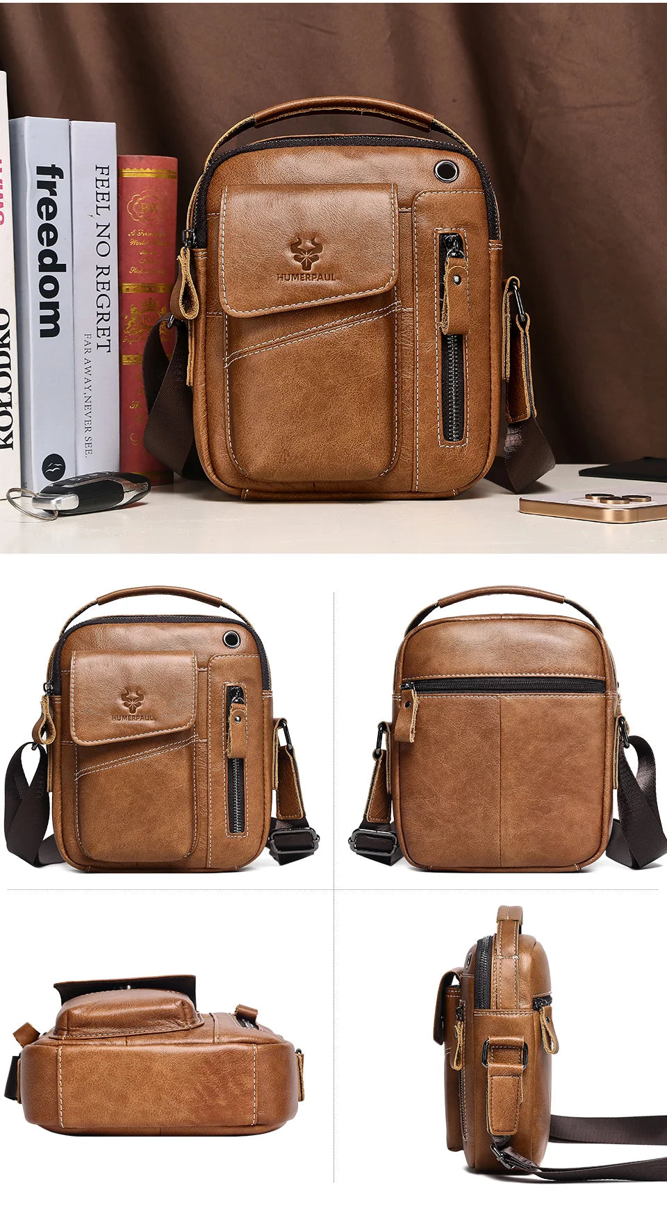 Leather Messenger Bag - Vintage Genuine Leather Men's Crossbody Sling Pack with Cell Phone Compartment - ZOOMNSTORE