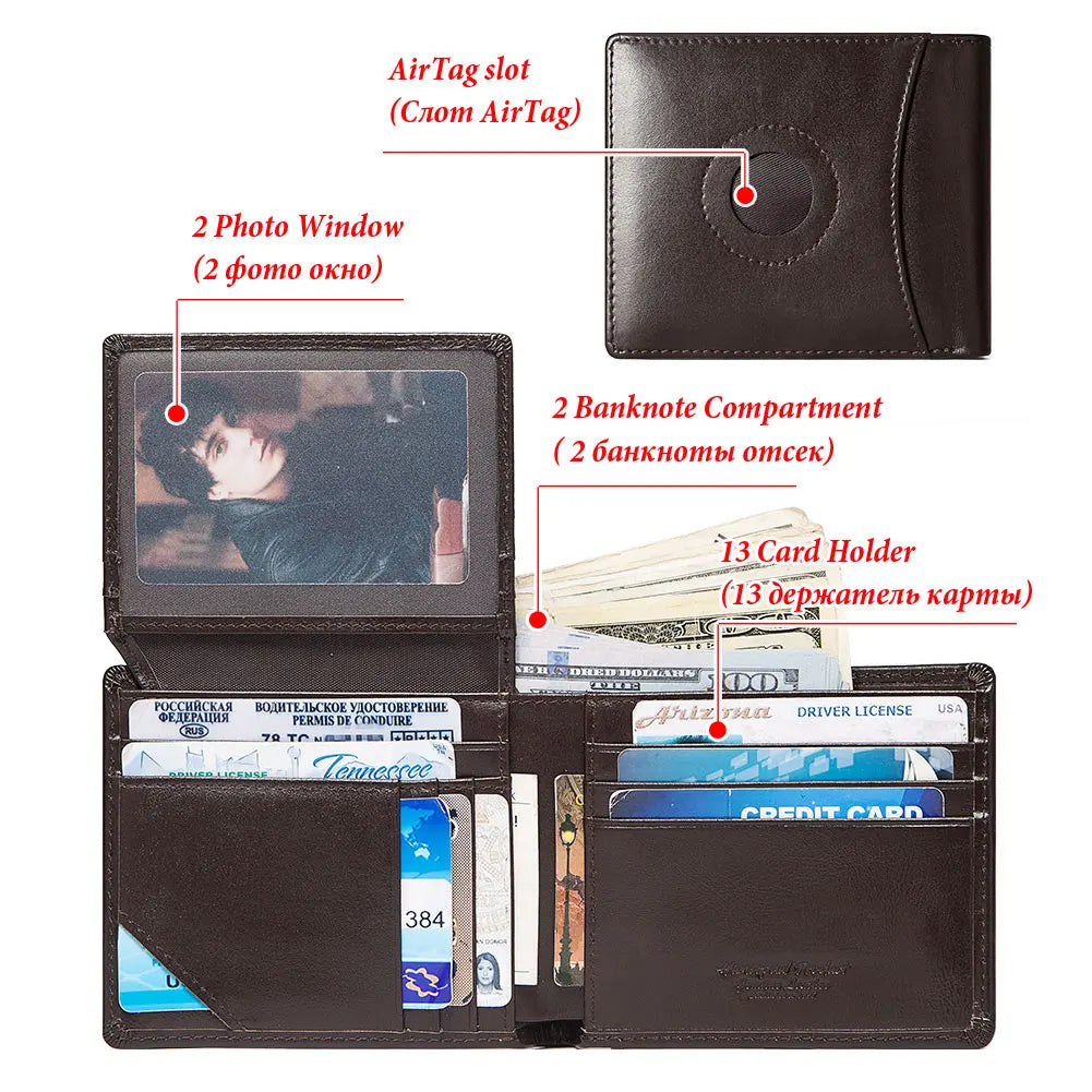 Real Leather RFID Trifold Wallet for Men - Slim Airtag Card Holder with ID Window - ZOOMNSTORE