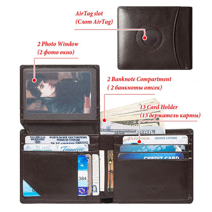 Real Leather RFID Trifold Wallet for Men - Slim Airtag Card Holder with ID Window - ZOOMNSTORE