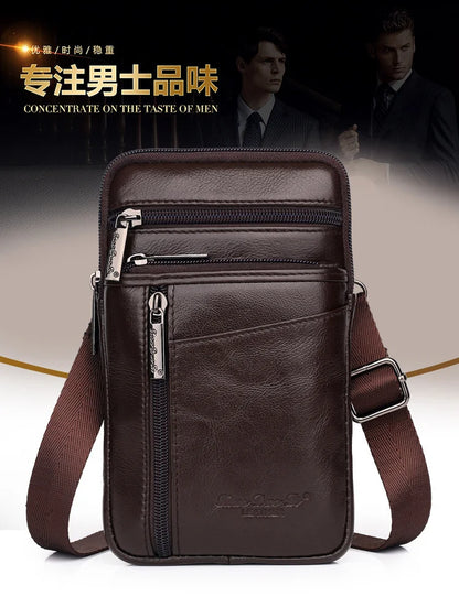 Leather Waist Bag - Men's Messenger Cowhide Mini Bag With Mobile Phone Pouch - ZOOMNSTORE