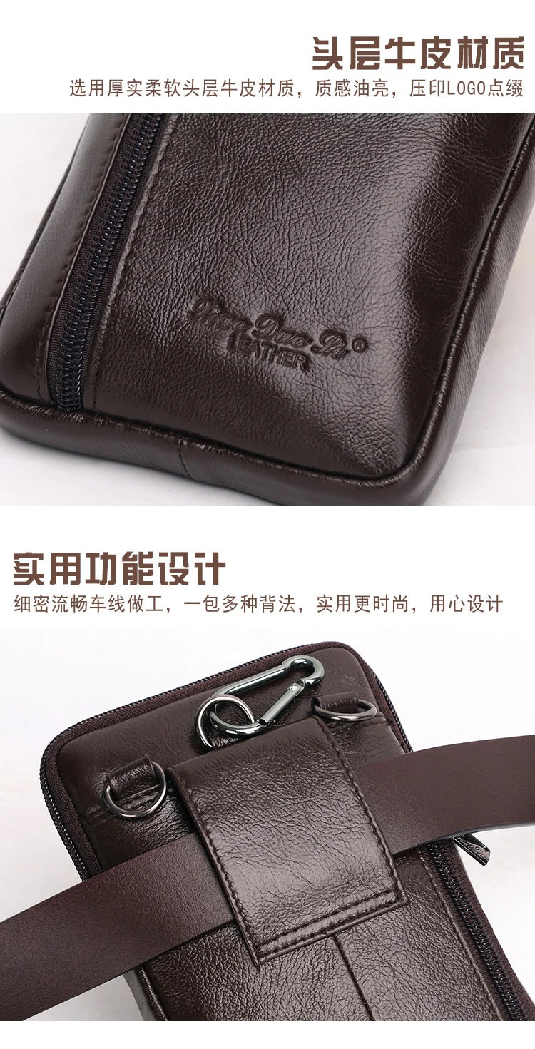 Leather Waist Bag - Men's Messenger Cowhide Mini Bag With Mobile Phone Pouch - ZOOMNSTORE