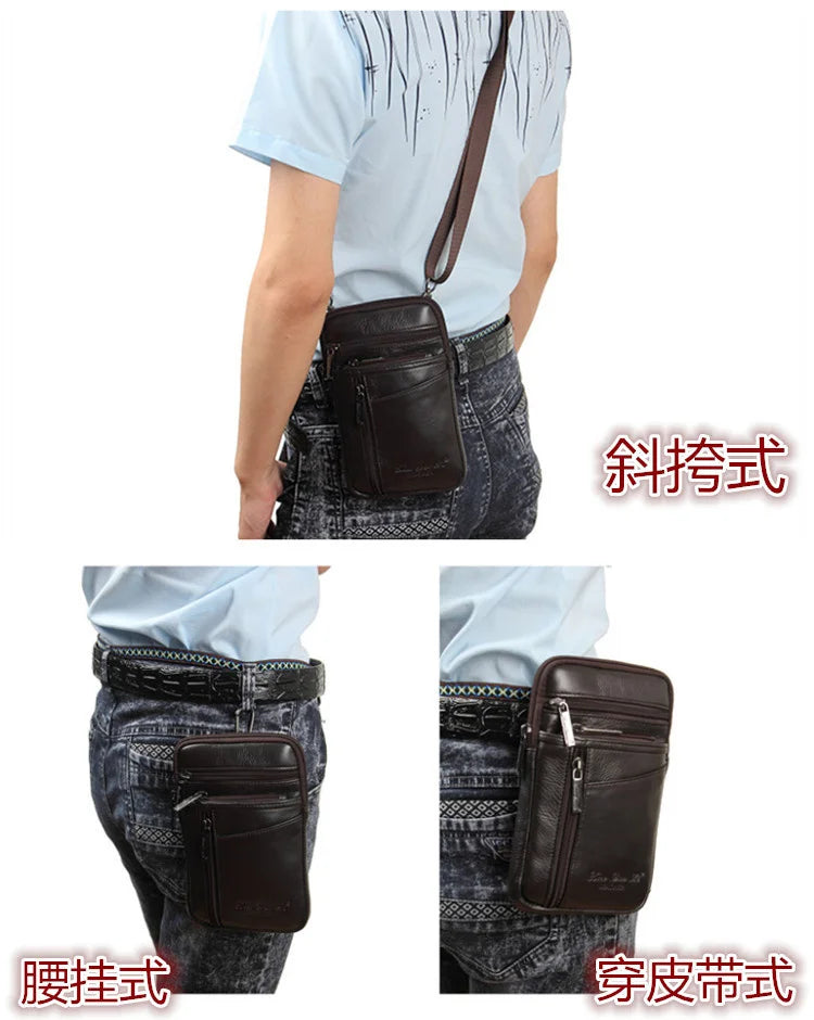 Leather Waist Bag - Men's Messenger Cowhide Mini Bag With Mobile Phone Pouch - ZOOMNSTORE