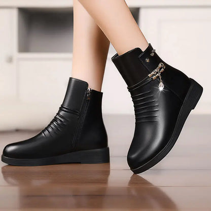 Leather Women Boots 2024 Winter Thick Wool Lined Genuine Leather Women Snow Boots Large Size Women Winter Shoes - ZOOMNSTORE