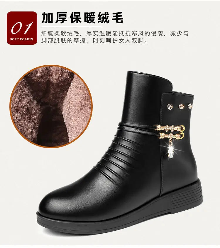 Leather Women Boots 2024 Winter Thick Wool Lined Genuine Leather Women Snow Boots Large Size Women Winter Shoes - ZOOMNSTORE