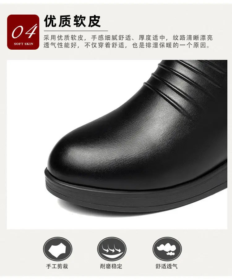 Leather Women Boots 2024 Winter Thick Wool Lined Genuine Leather Women Snow Boots Large Size Women Winter Shoes - ZOOMNSTORE