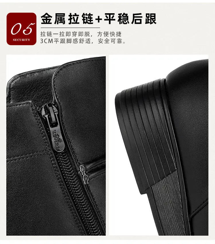 Leather Women Boots 2024 Winter Thick Wool Lined Genuine Leather Women Snow Boots Large Size Women Winter Shoes - ZOOMNSTORE