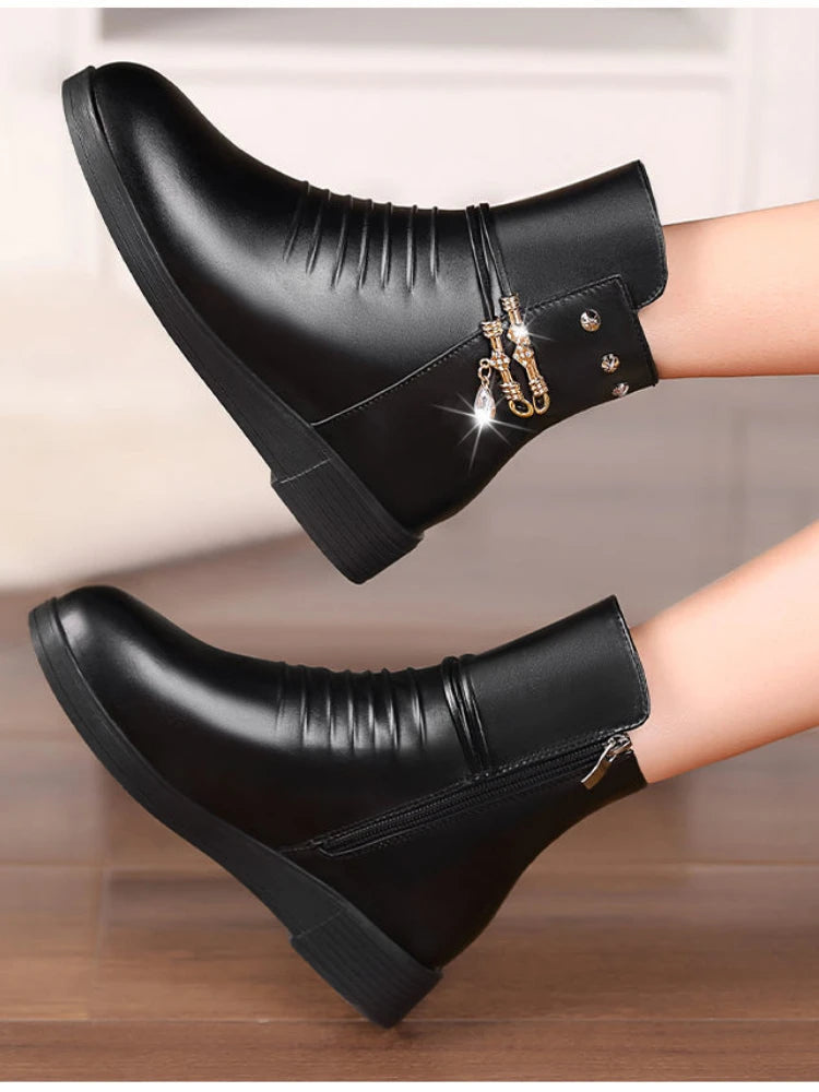 Leather Women Boots 2024 Winter Thick Wool Lined Genuine Leather Women Snow Boots Large Size Women Winter Shoes - ZOOMNSTORE