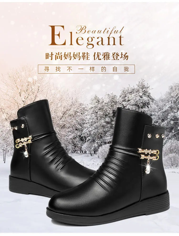 Leather Women Boots 2024 Winter Thick Wool Lined Genuine Leather Women Snow Boots Large Size Women Winter Shoes - ZOOMNSTORE