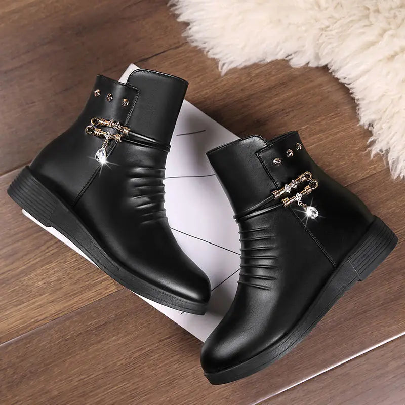 Leather Women Boots 2024 Winter Thick Wool Lined Genuine Leather Women Snow Boots Large Size Women Winter Shoes - ZOOMNSTORE