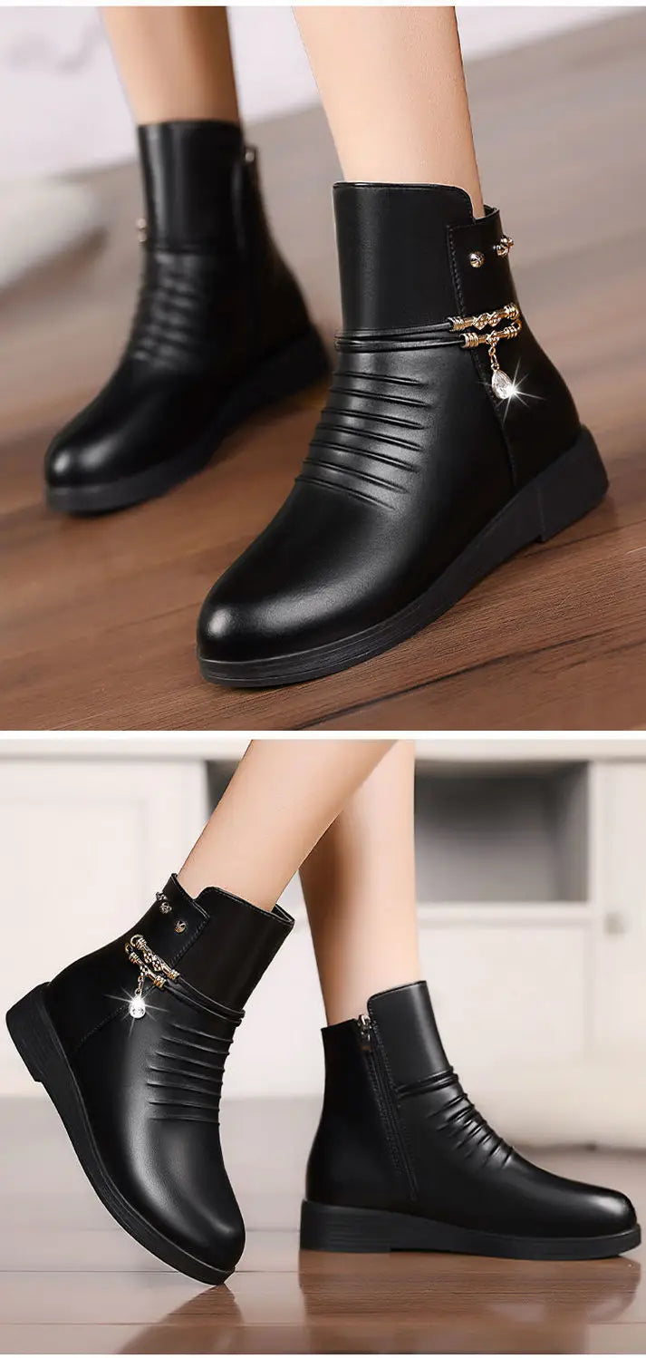 Leather Women Boots 2024 Winter Thick Wool Lined Genuine Leather Women Snow Boots Large Size Women Winter Shoes - ZOOMNSTORE