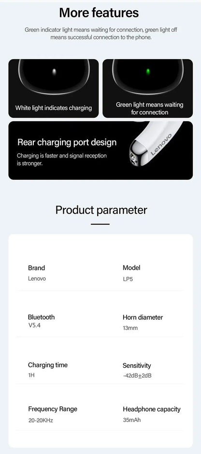 Lenovo LP5 Pro Earphones - Wireless Bluetooth 5.4 Gaming Earbuds | Low Latency IPX5 Waterproof Sports Headset - ZOOMNSTORE