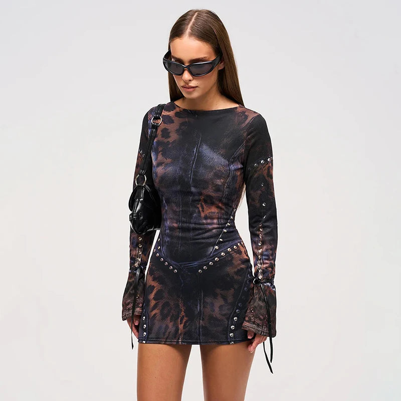 Leopard Print Slim Flared Dress - Womens Y2K Long-Sleeved Skirt Outfit - ZOOMNSTORE