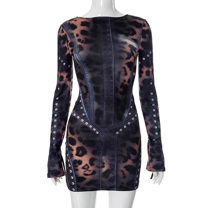 Leopard Print Slim Flared Dress - Womens Y2K Long-Sleeved Skirt Outfit - ZOOMNSTORE