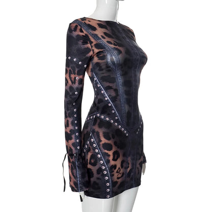 Leopard Print Slim Flared Dress - Womens Y2K Long-Sleeved Skirt Outfit - ZOOMNSTORE