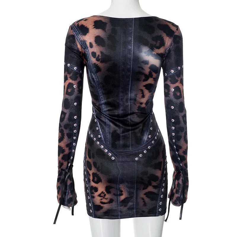 Leopard Print Slim Flared Dress - Womens Y2K Long-Sleeved Skirt Outfit - ZOOMNSTORE