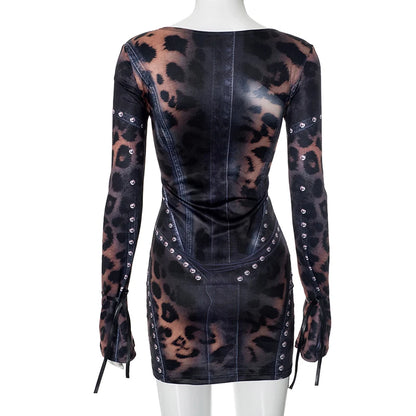 Leopard Print Slim Flared Dress - Womens Y2K Long-Sleeved Skirt Outfit - ZOOMNSTORE
