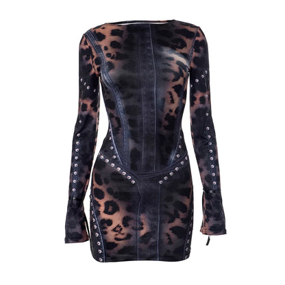 Leopard Print Slim Flared Dress - Womens Y2K Long-Sleeved Skirt Outfit - ZOOMNSTORE