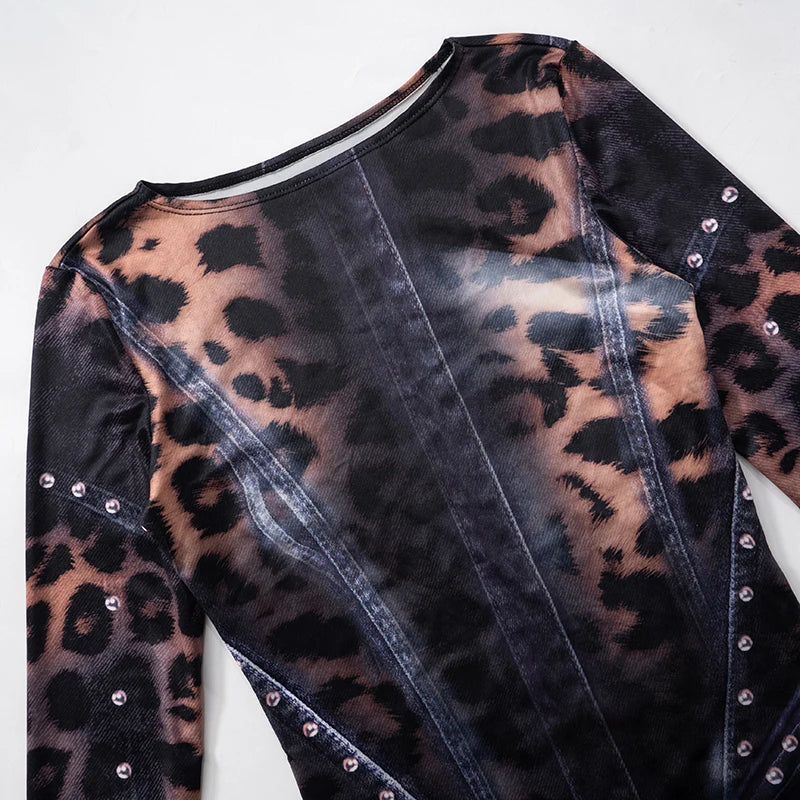 Leopard Print Slim Flared Dress - Womens Y2K Long-Sleeved Skirt Outfit - ZOOMNSTORE