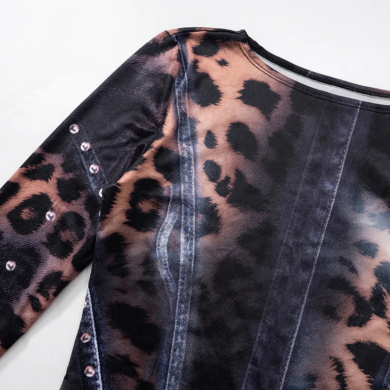 Leopard Print Slim Flared Dress - Womens Y2K Long-Sleeved Skirt Outfit - ZOOMNSTORE