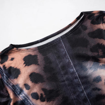 Leopard Print Slim Flared Dress - Womens Y2K Long-Sleeved Skirt Outfit - ZOOMNSTORE